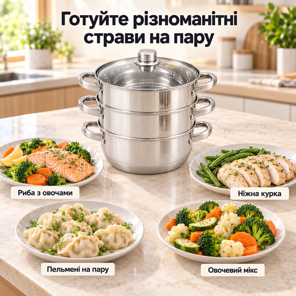 Риба з овочами, курка, пельмені та овочевий мікс на парі