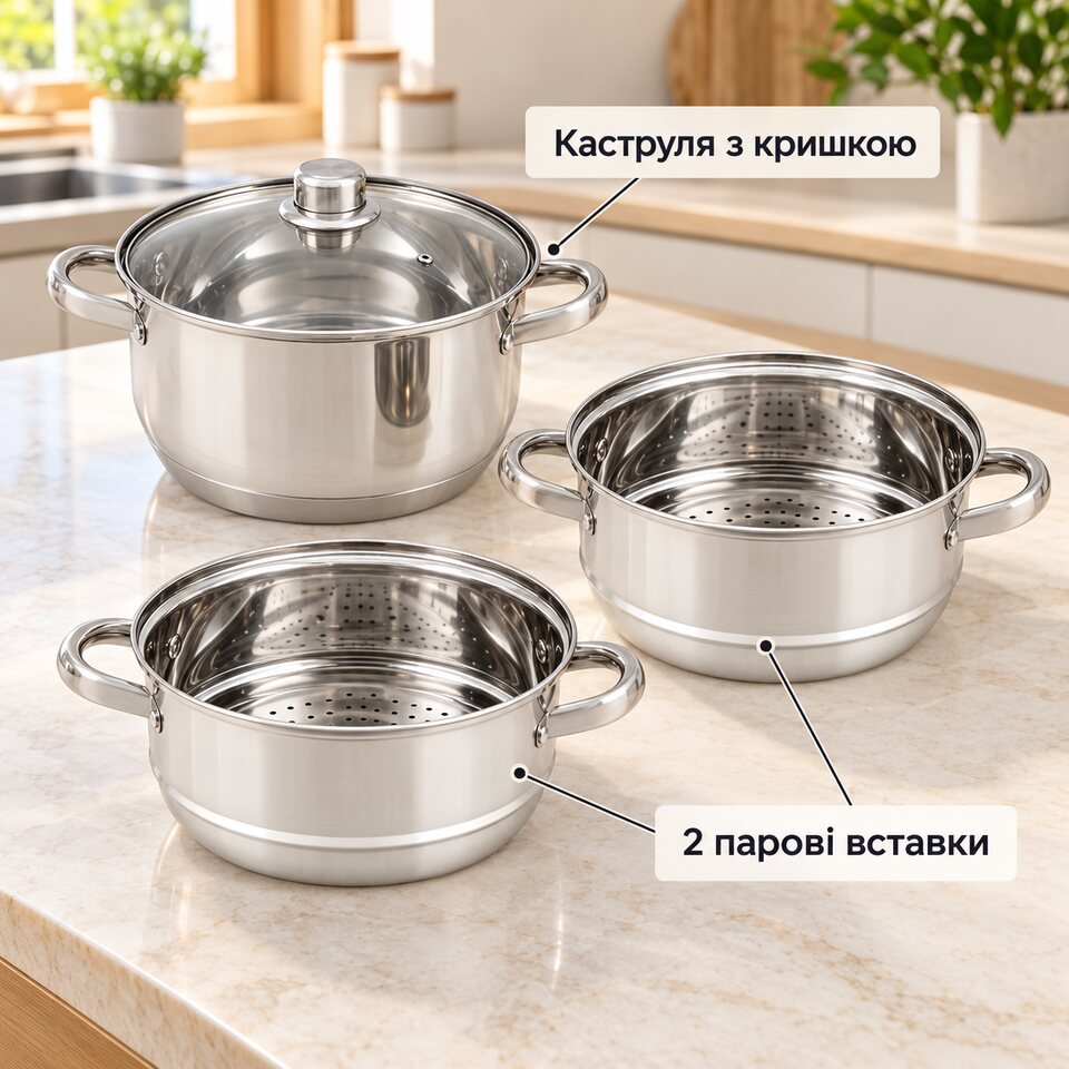 Каструля з кришкою та дві парові вставки